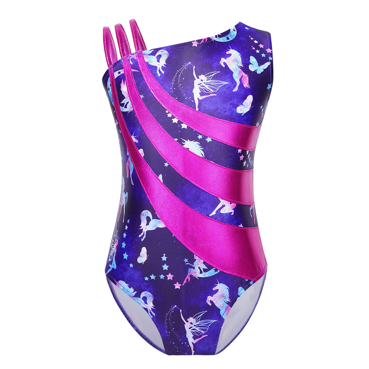 Kids Girls Gymnastics Swimsuit for Dancing Ballet Dancewear Metallic Shiny Leotard Print Asymmetrical Shoulder Strap Bodysuit