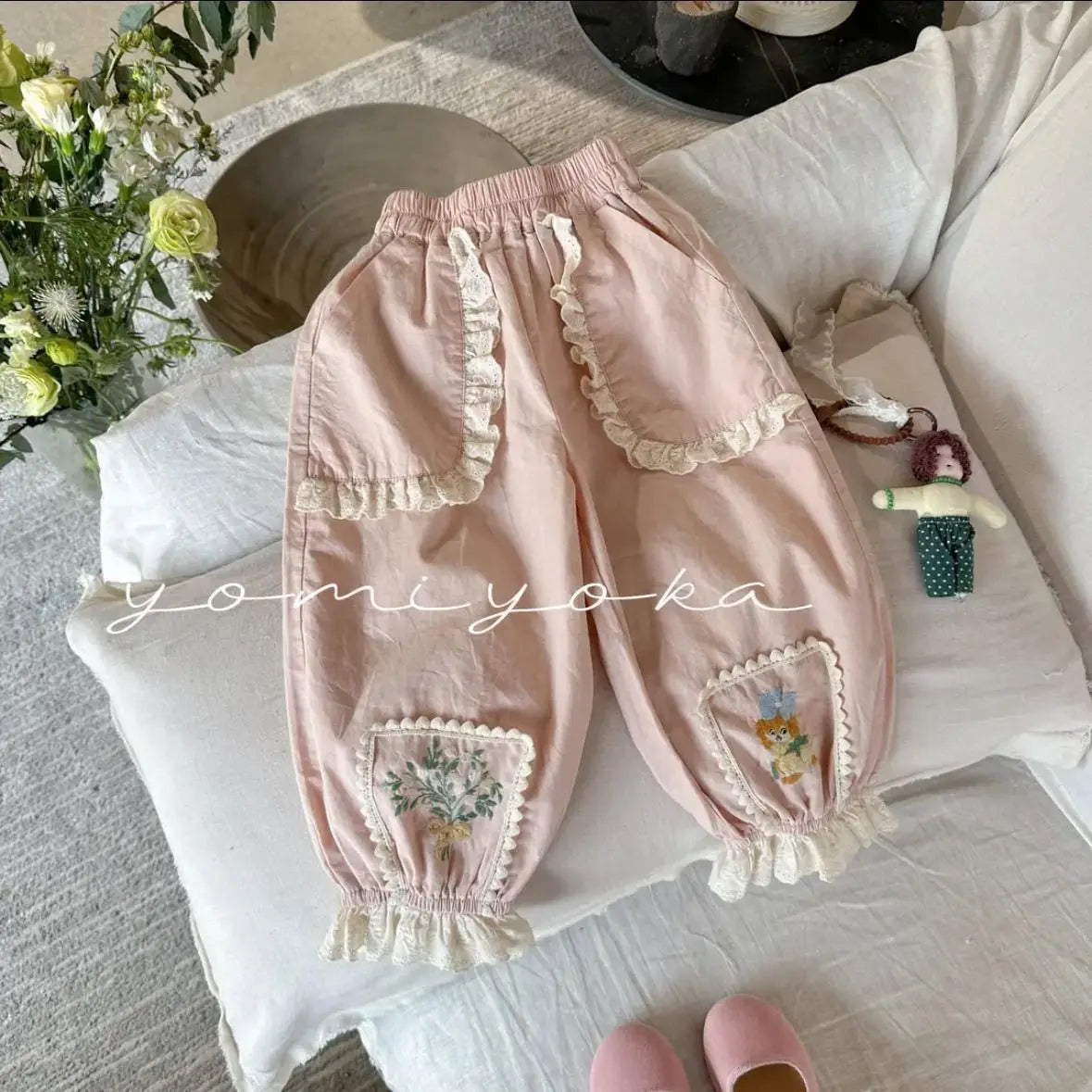 Pants Children Girl 2025 Spring New Style Cotton Pink Lace Ruched Embroidered Joggers Sweet Fashion Casual Distinctive