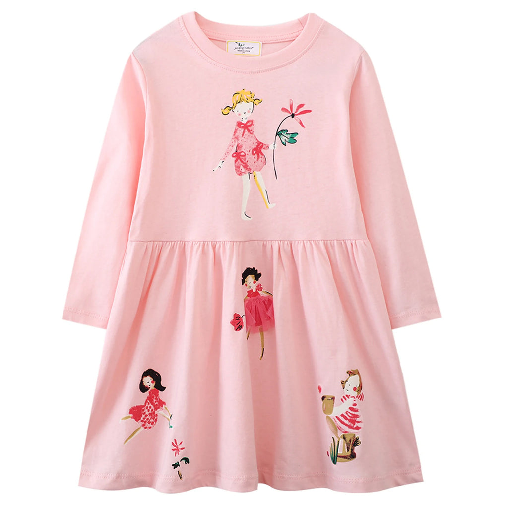 Kids Long Sleeve Dresses with Mesh Skirts O-Neck Lightweight Cotton Tops Sweet Shirt 2-7T Girls Princess Dress for Party/Daily