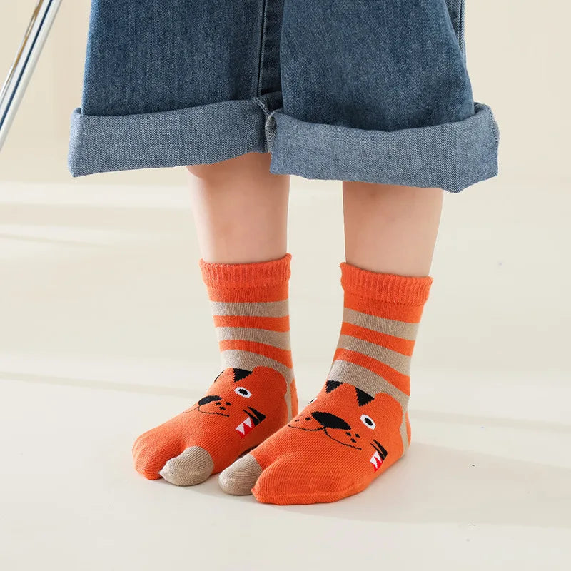 3-12Y Kids Toe Socks Girls Boys Five Finger Socks Autumn Winter High Tube Cotton Crew Socks Cute Cartoon Kawaii