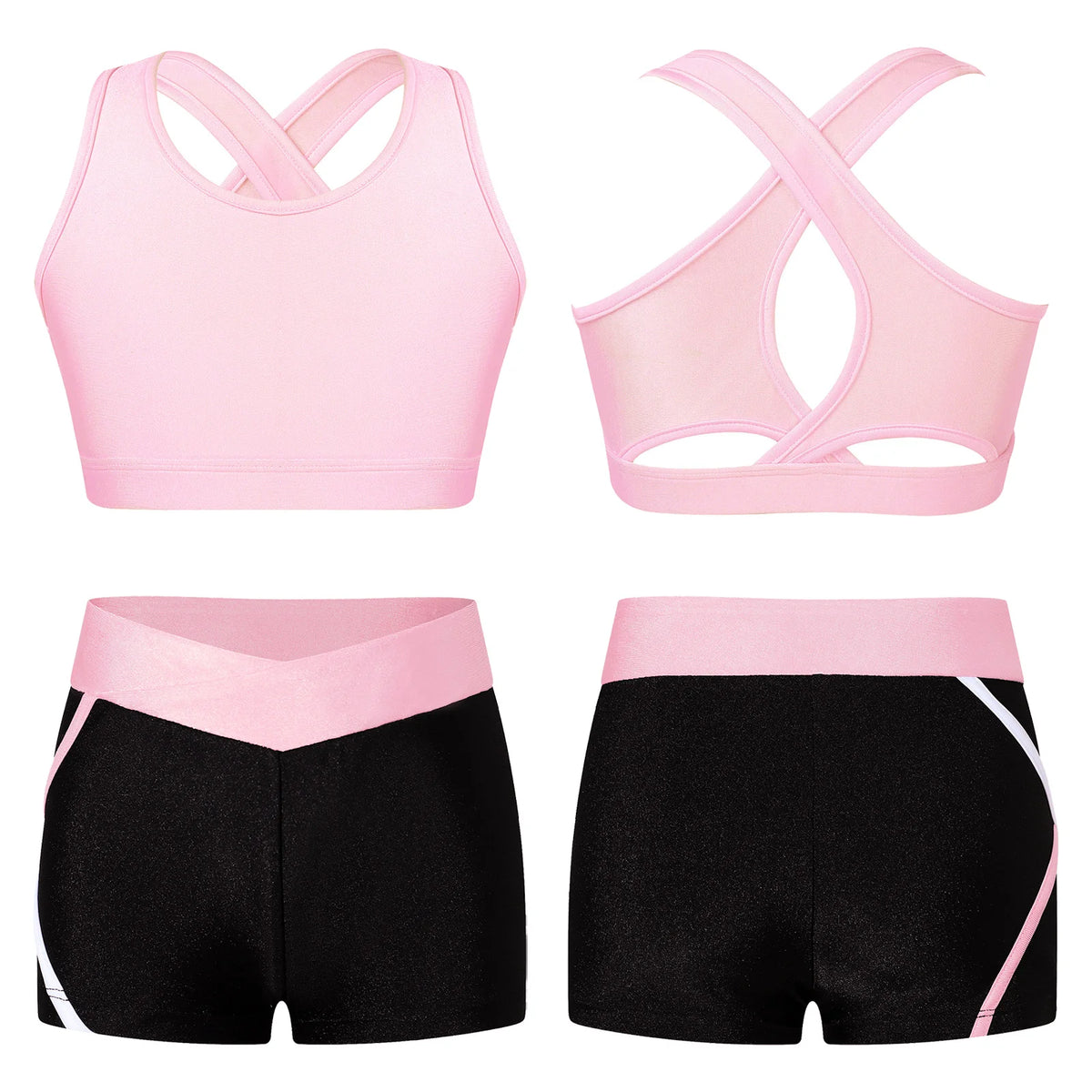 Kids Girls Summer Sports Set Sleeveless Cross Rear Crop Top with Low Rise Shorts Gymnastics Yoga Fitness Cycling Dance Outfits