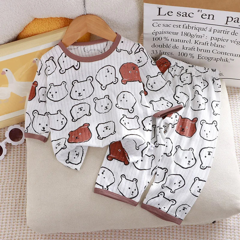 Children's Pure Cotton Home Clothes Set Boys Girls Seven-quarter Sleeve Pajamas Thin Breathable Air-conditioned Clothes