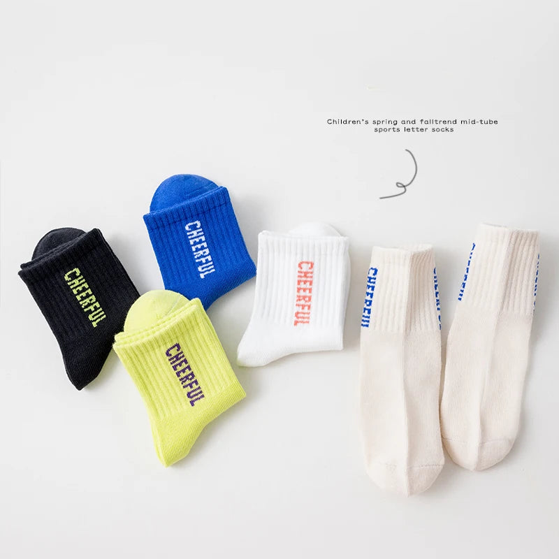 Kids Boys Sports Socks 5 Pairs Letter Breathable Anti-pilling Comfortable Soft Concise Half Socks For Child Boys And Girls
