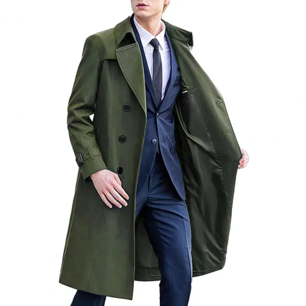 Men Windbreaker Coat Lapel Long Sleeve Double Breasted Mid-Length Trench Solid Color Casual Business Outerwear