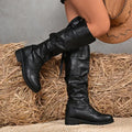 Women Leather Boots Fashion Pleated Wedge Long Boots Round Toe Autumn Winter Solid Slip On Shoes Ladies High Boot Botas De Mujer