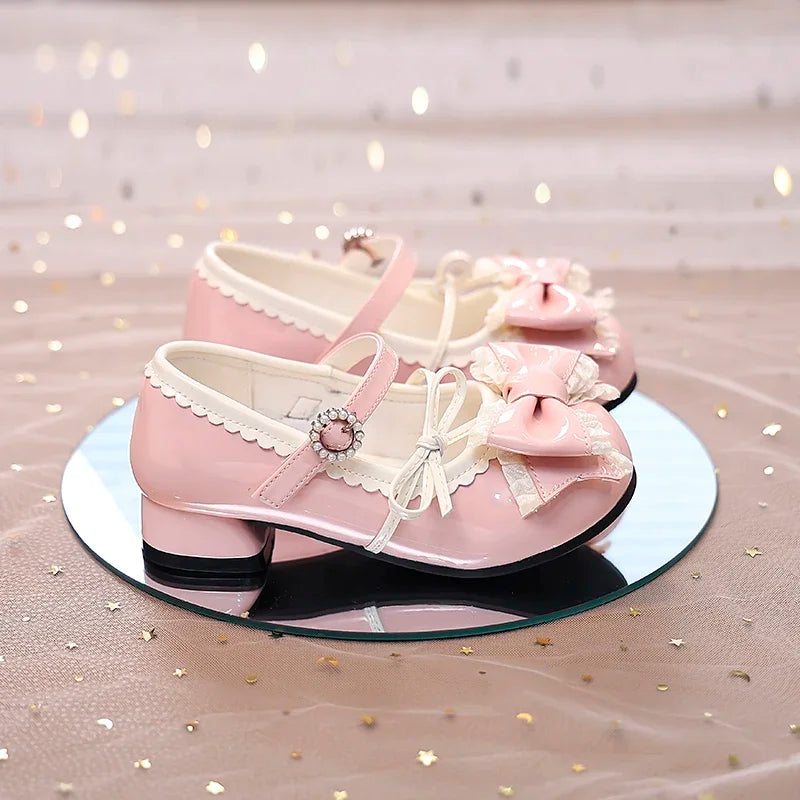 Girls High Heels New Leather Shoes Princess Chic with Double Bow-knot Kids Princess Wedding Party High Heels Fashion Dress Shoes