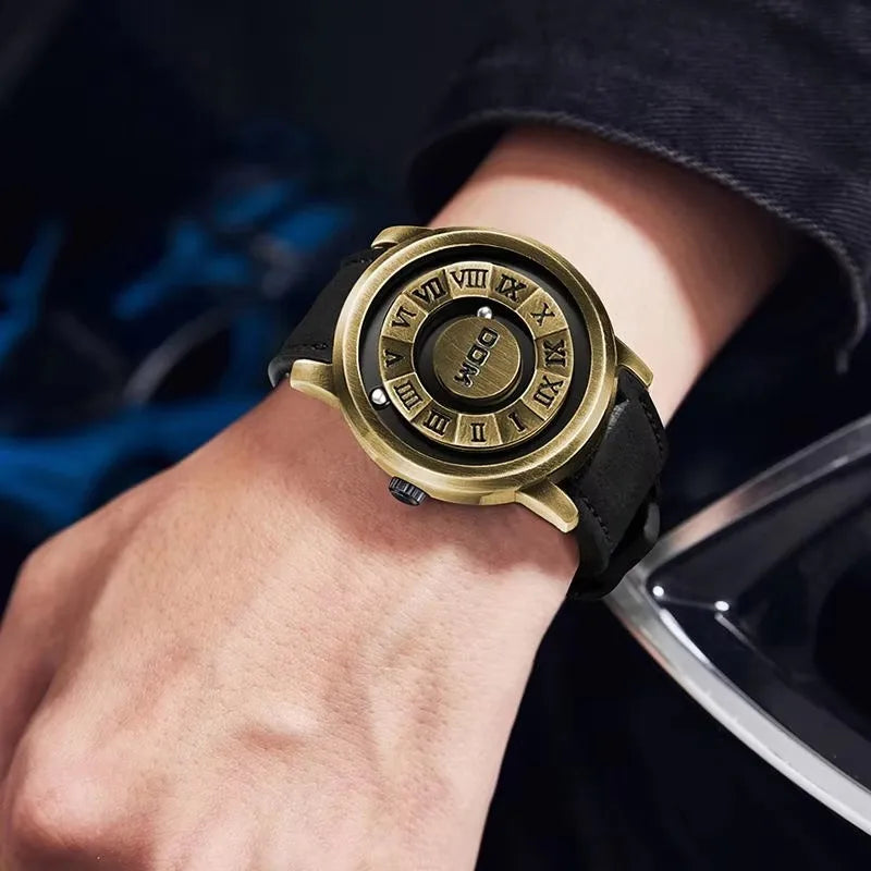 DOM 1345 Men Quartz Watch Black Creative Retro Bronze Scrolling Iron Ball Magnetic Pointer Waterproof Watches for Male Gift