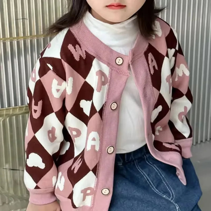 1-7T Children Long Sleeved Jacket Fur Padded Cute Girls Coat Kids Autumn Sweet Cherry Checkered Pattern Warm Cardigan Outwear