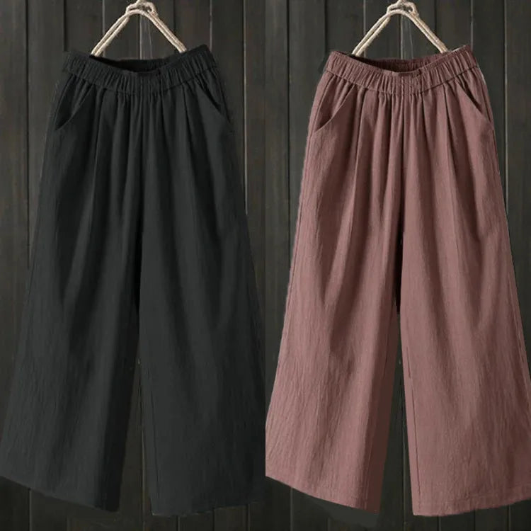 Pure Cotton Wide Leg Pants Women's Summer Loose Mom Large Size Cotton Nine Points Casual Pants High Waist Straight Cut Trousers