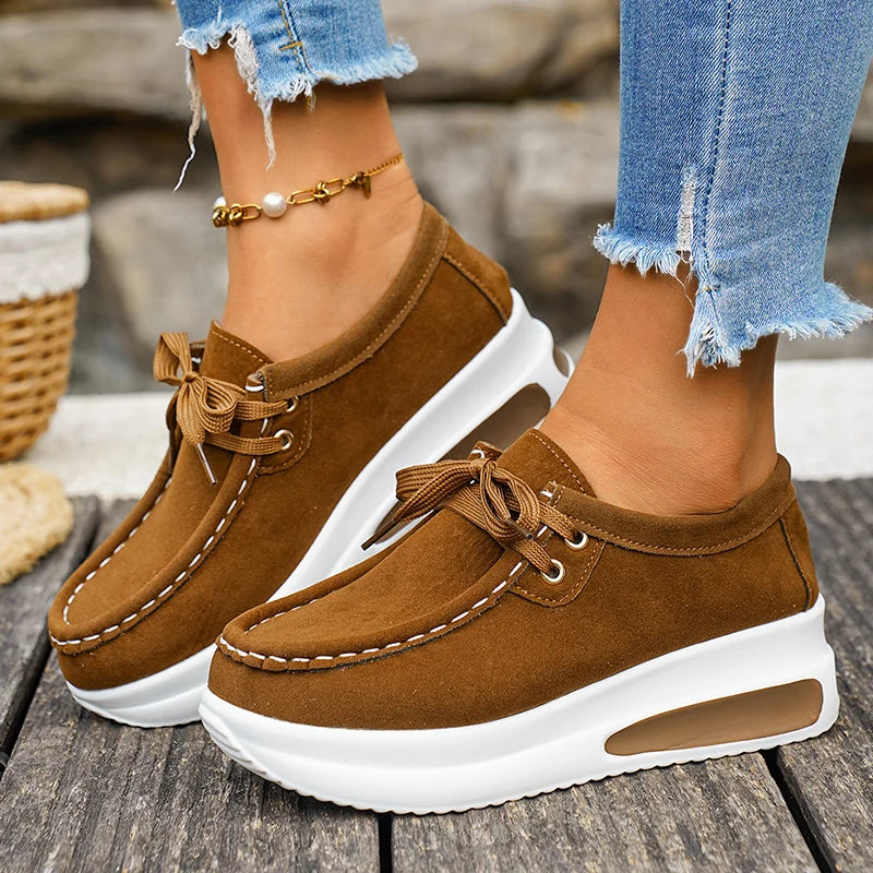 Basic Color Platform Loafers for Women 2026 Spring Light Thick Sole Wedge Sneakers Woman Plus Size Lace Up Non Slip Casual Shoes