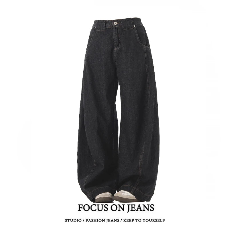 American Retro Deconstructed Bla Knife  Jeans Women's Loose Silhouette Wide Leg Floor Length Trousers Casual High Waist...