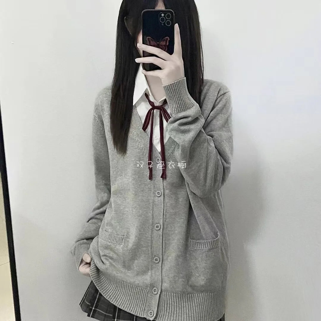 Autumn Winter Women's Pure Color Knitted Sweater Original College Sle Jaet Coat Spring Summer Long Sve  Collar Button