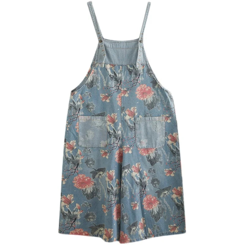 Casual Denim Overalls Women's Wide Leg Pants Summer New Sle plus Size Meat Covering Print High Waist Nine Points Jeans
