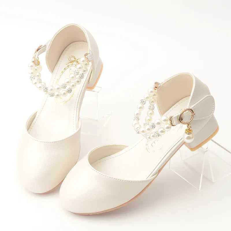 Children Girls Leather White Princess High Heel Kid Dress Student Show Dance Sandal Shoes Toddler Shoes Girl Mary Jane