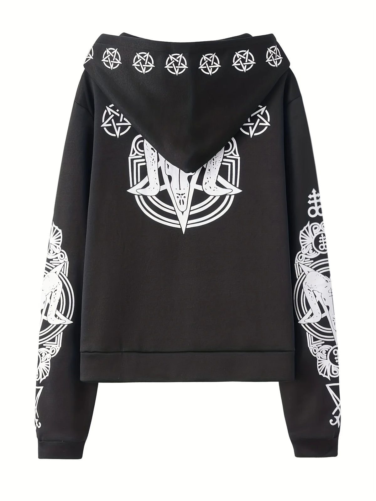 Irregular Black Punk Hoodie with Sheep Head and Moon Print Hoodie