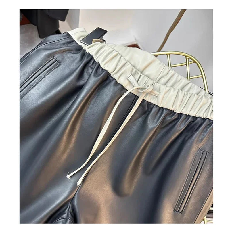 Pants For Women Genuine Leather Classic Female Straight Pipeline Suit Taller Trousers Long Legs Casual Streetwear Elastic Waist