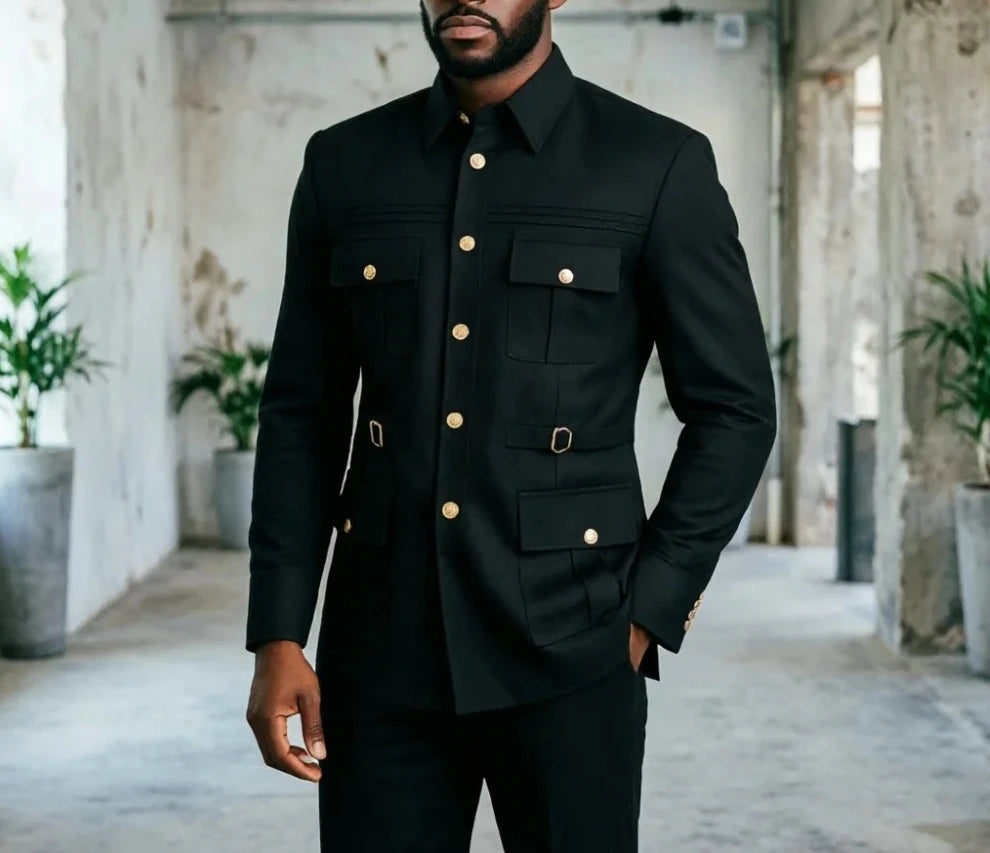 Safari Men Suits Men Urban Utility Black Safari Suit Set Functional Multi Pocket Blazer For Office Business Casual Daily Wear