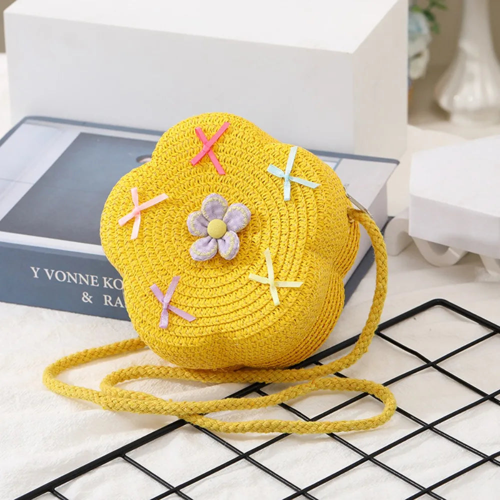 Cute Summer Children Girls Shoulder Bag Flower Bow Handmade Straw Baby Bags Messenger Bag Kids Keys Coin Purse Cute Mini Handbag