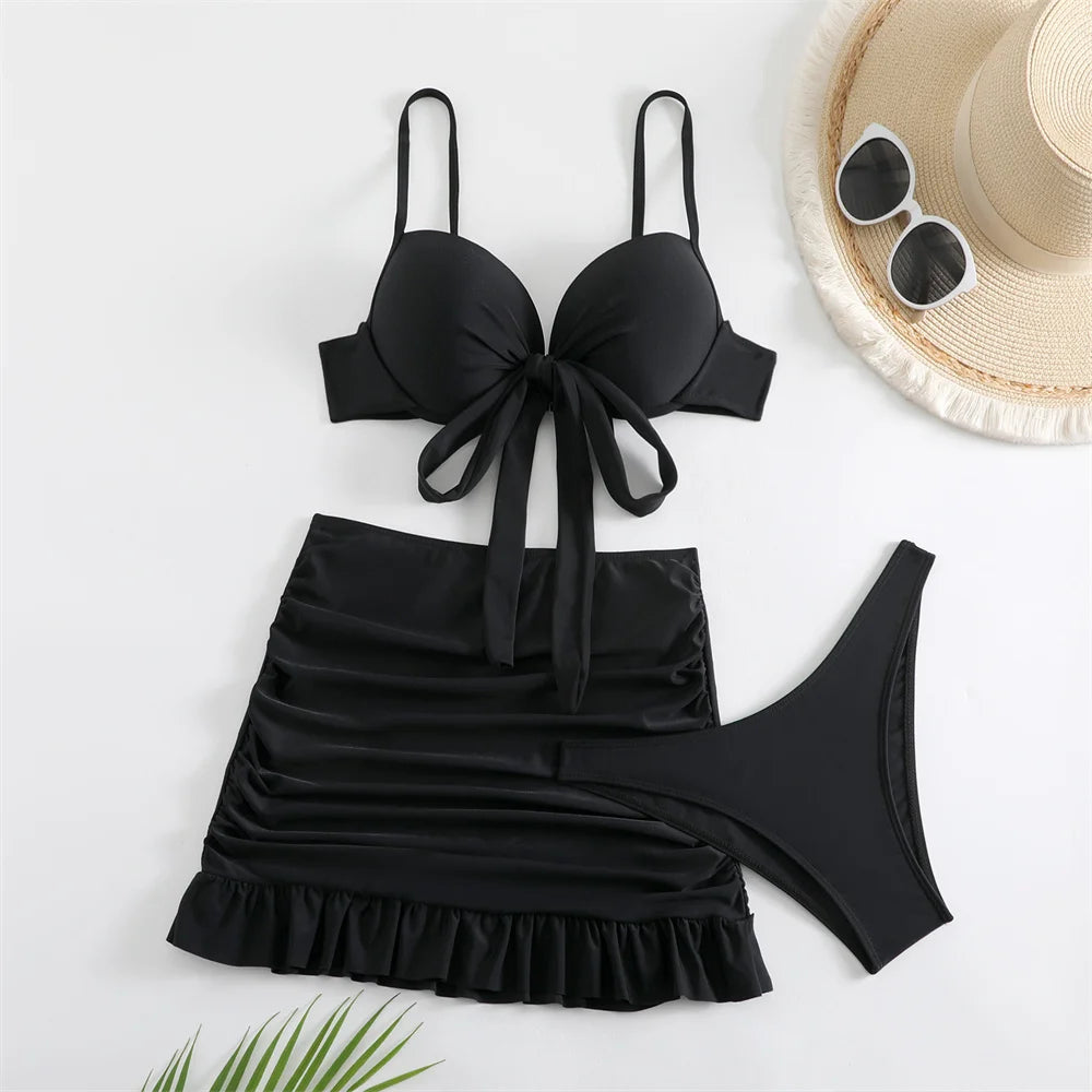 Cute Pink Ruched Swimwear Push Up Bandage Bikini Thong Pleated Swimsuit 3 Piece Women's Skirt Beach Outfits Bikinis Bathing Suit