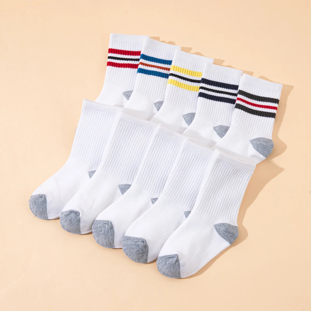 10 Pairs Kids' Sports Mid-Calf Socks, Classic Striped and Color-Blocked Design, Suitable for Students to Wear Back to School