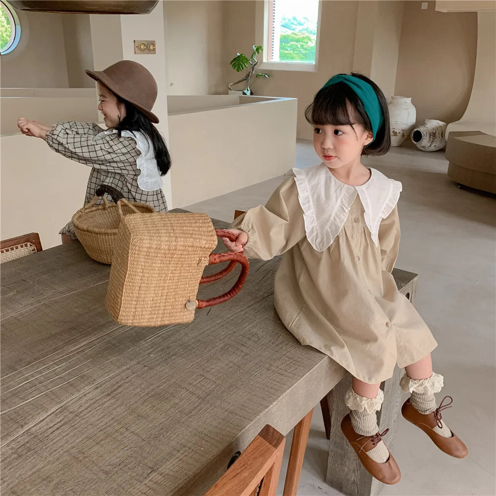 Spring toddler children  Girls' Clothing Korean Retro Dress costume For kids Girls' Clothes 1 2 3 4 5 6 T Birthday Plaid Dress
