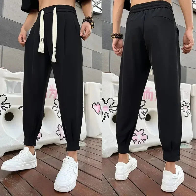 Slim Fit Plus Big Size Tressed Men's Summer Pants 9 Cropped Male Suit Trousers Korean Style Clothes Slacks 2025 Formal Luxury