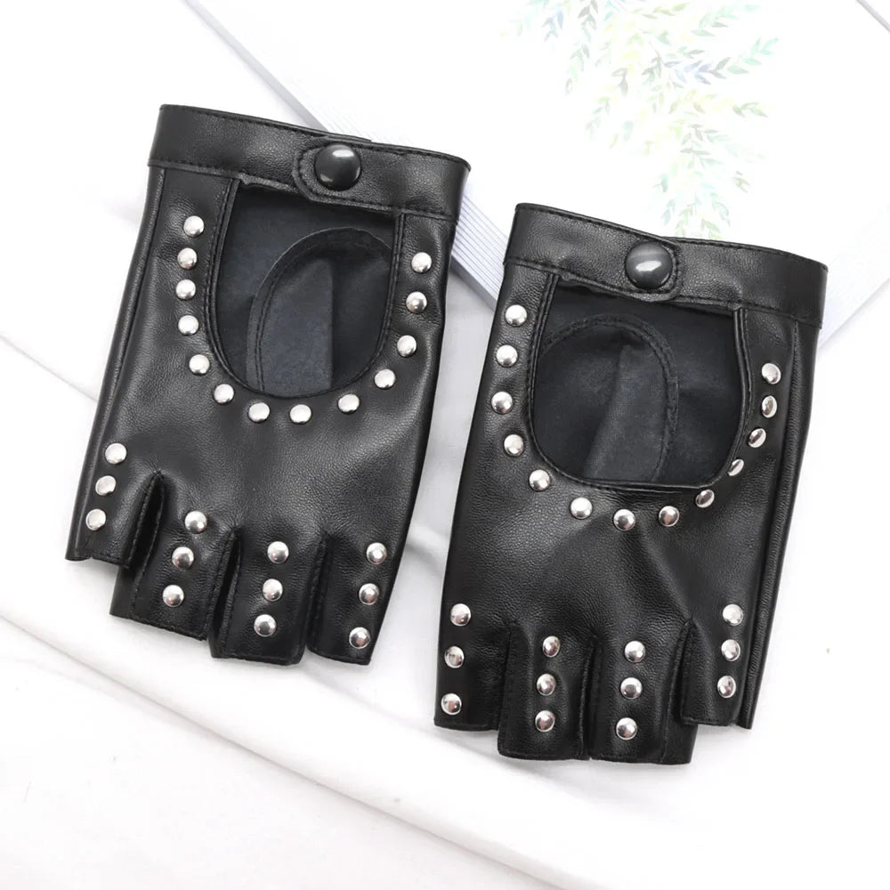 Women Gothic Rivets Finger Less Gloves Wedding Party Breathable Driving Pu Punk Gloves Halloween Night Club Work Cosplay Gloves
