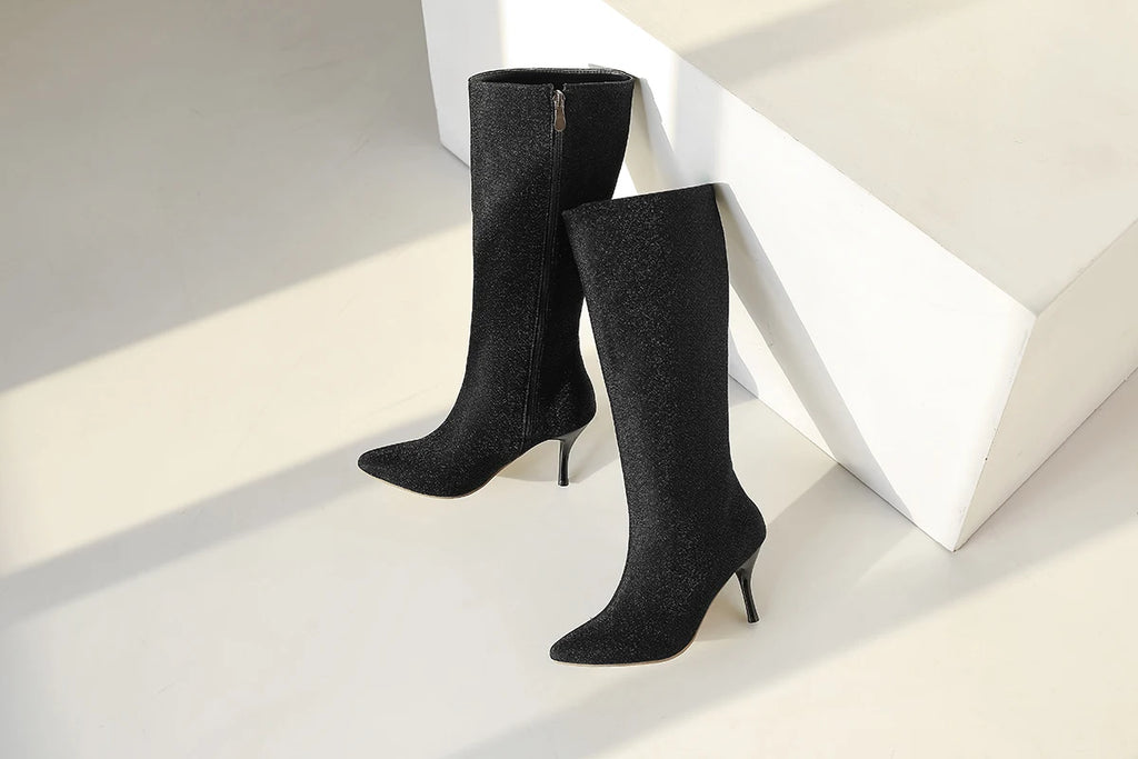 Women's Boots in Black, Red, White, and Yellow with Fine Shimmer, Pointed Toe, Stiletto Heel, Designer Style, Mid-High Boots for Women, New Autumn and Winter Elegant High-Heeled Shoes, Clearance Sale, Solid Color Simpl