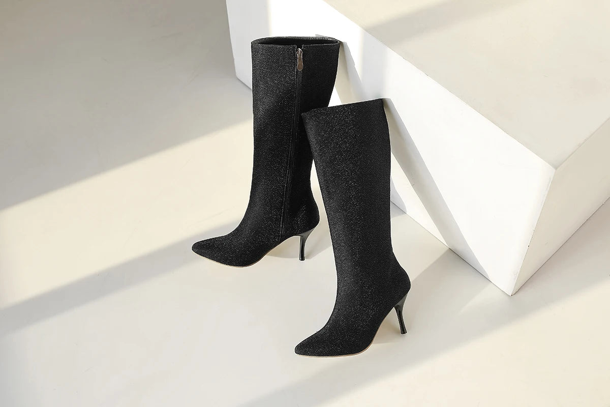Women's Boots in Black, Red, White, and Yellow with Fine Shimmer, Pointed Toe, Stiletto Heel, Designer Style, Mid-High Boots for Women, New Autumn and Winter Elegant High-Heeled Shoes, Clearance Sale, Solid Color Simpl