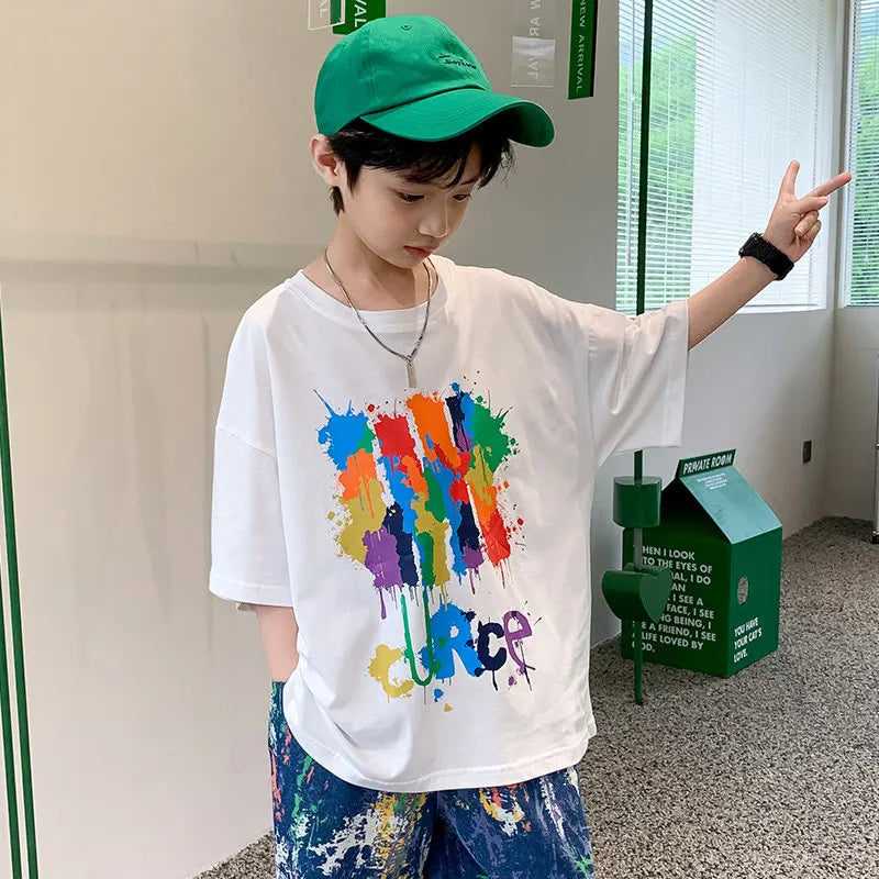 New Arrivals Tshirts for Boys Kid Korean Casual Painting Print Graffiti Pattern Children's Clothes Cotton Loose Student T-Shirts
