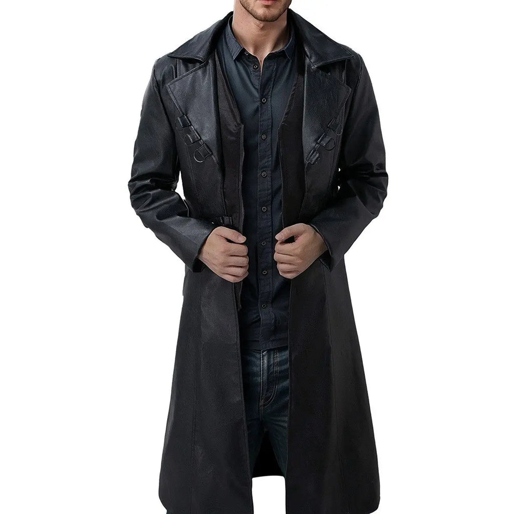 Men Long Pu Leather Coat 2026 Autumn Men Black Pu Jacket Men Clothing Classic Windbreaker Jacket Male Retro Zipper Trench Coat