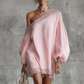 Elegant Lace Trim Mini Dress For Women Off Shoulder Long Puff Sleeves Fashion Date Night Evening Short Dresses Vestidos