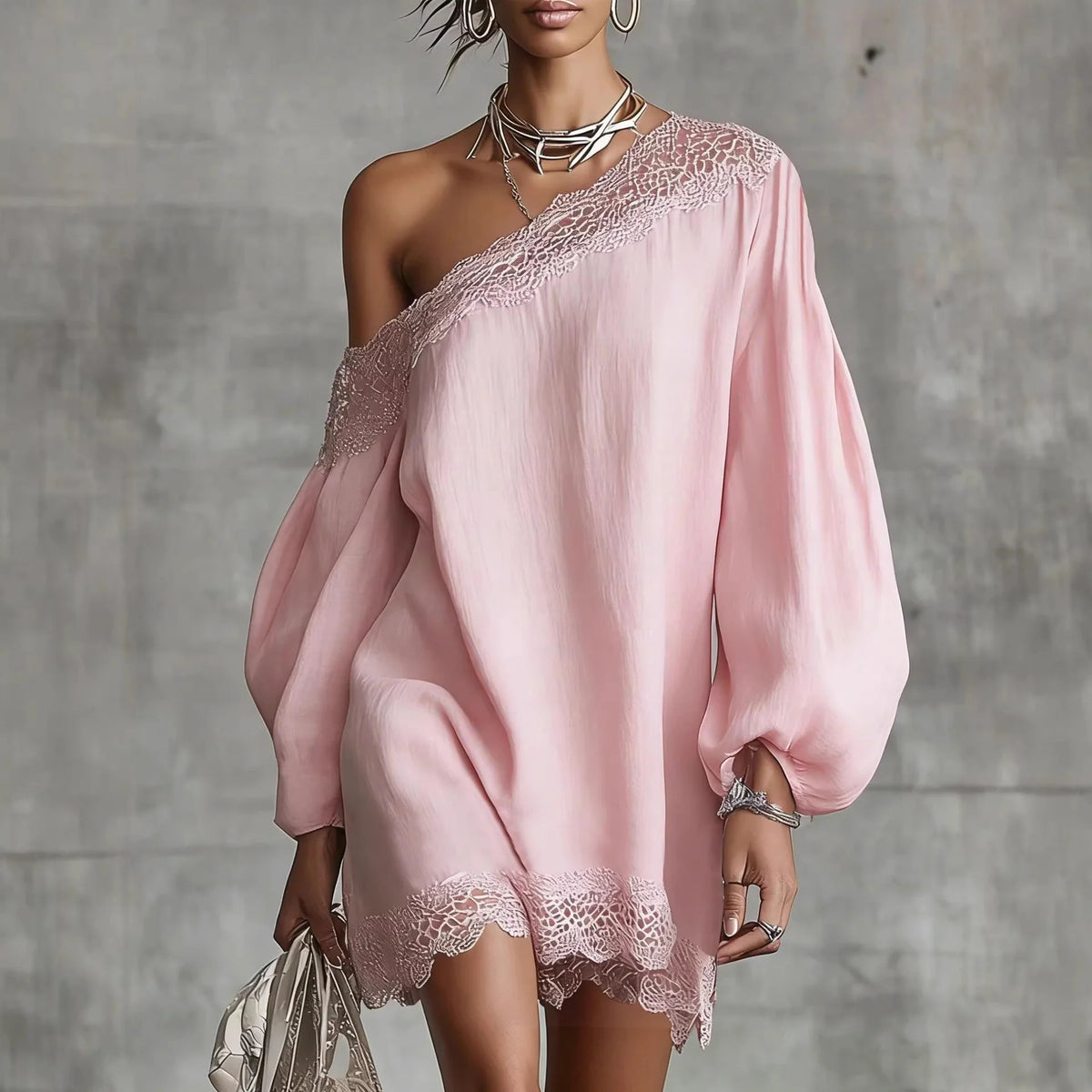 Elegant Lace Trim Mini Dress For Women Off Shoulder Long Puff Sleeves Fashion Date Night Evening Short Dresses Vestidos