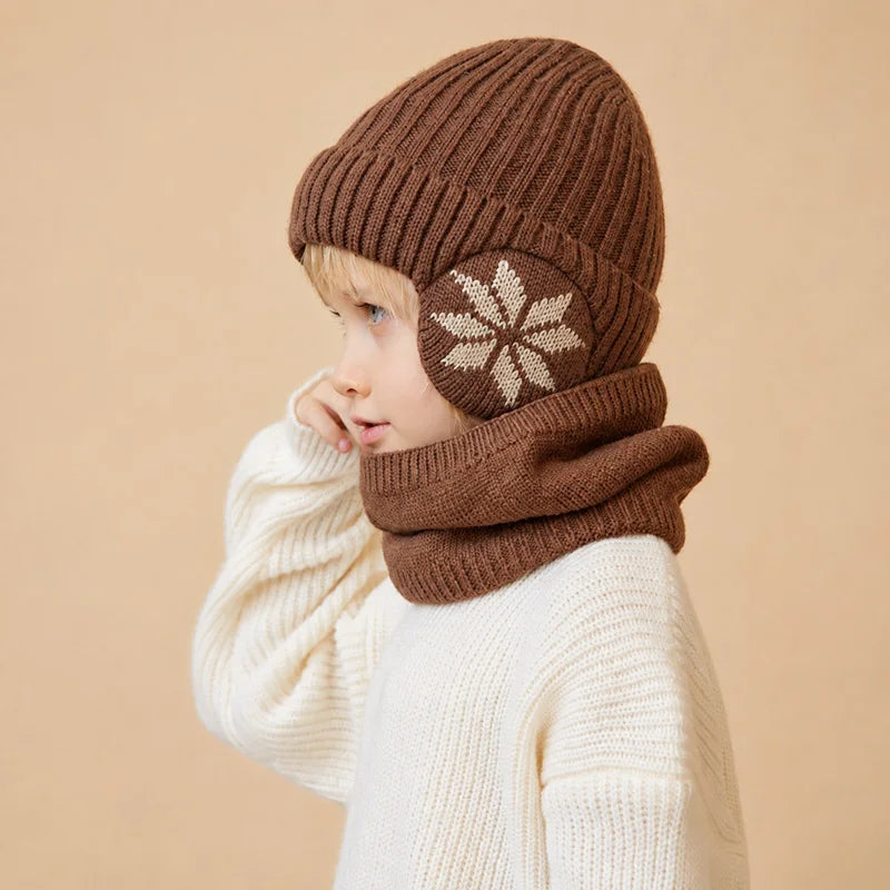 Kids Winter Knitted Hat Scarf Set for Boys Girls 2Pcs Fleece Lined Warm Earflaps Children Beanie Cap Neck Warmer for 4-10Y