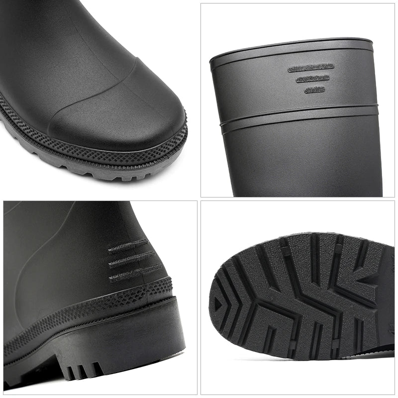 Men's High-Top Rain Boots, Black, Non-Slip, Waterproof, Wear-Resistant, Outdoor Boating, Fishing, Long-Tube Water Shoes, Farm Work Rain Boots