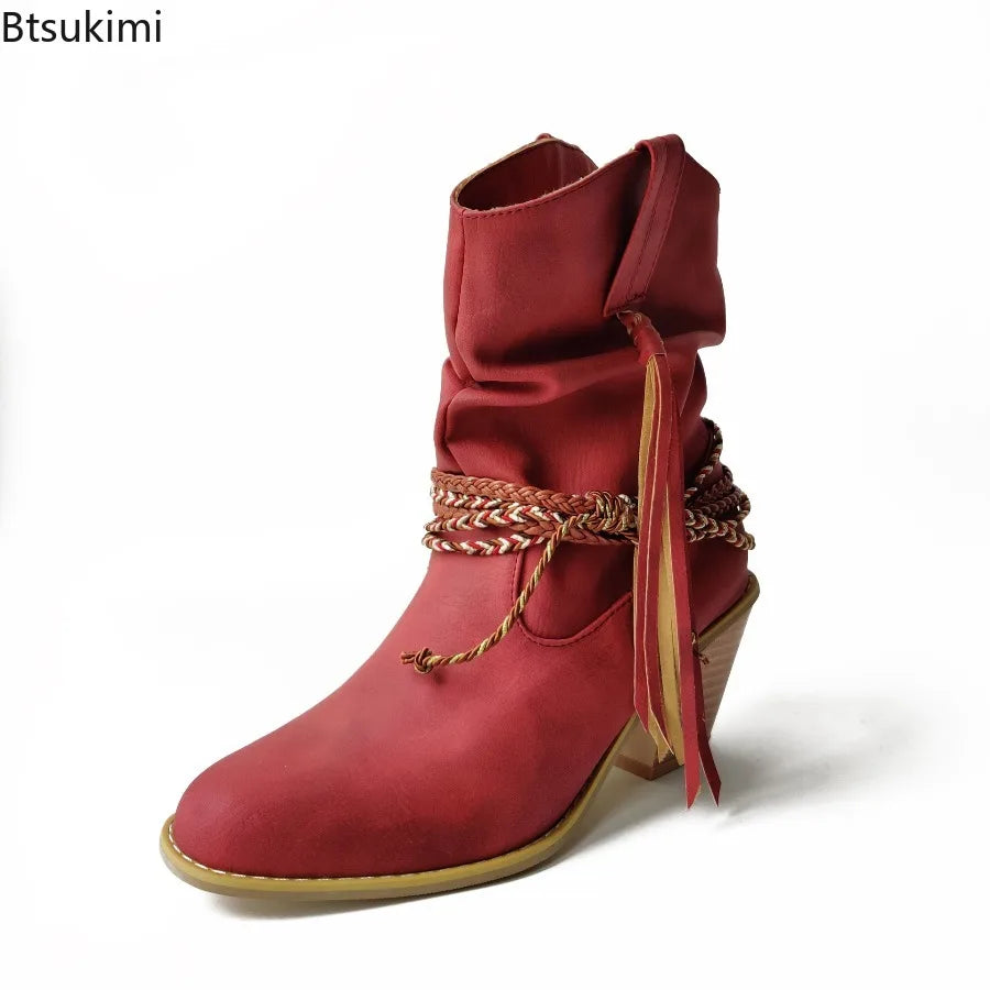 2026 Women's Brown Western Boots Autumn and Winter High Heels Short Boots Retro Pointed Toe Chunky Heels Ankel Boots for Women