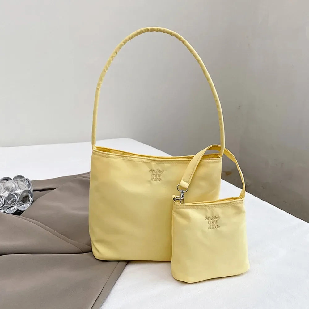 Korean Style Nylon Tote Bag Handbag Large Capacity Embroidery Letter Underarm Bag All-match Pure Color Cloth Shoulder Bag Travel