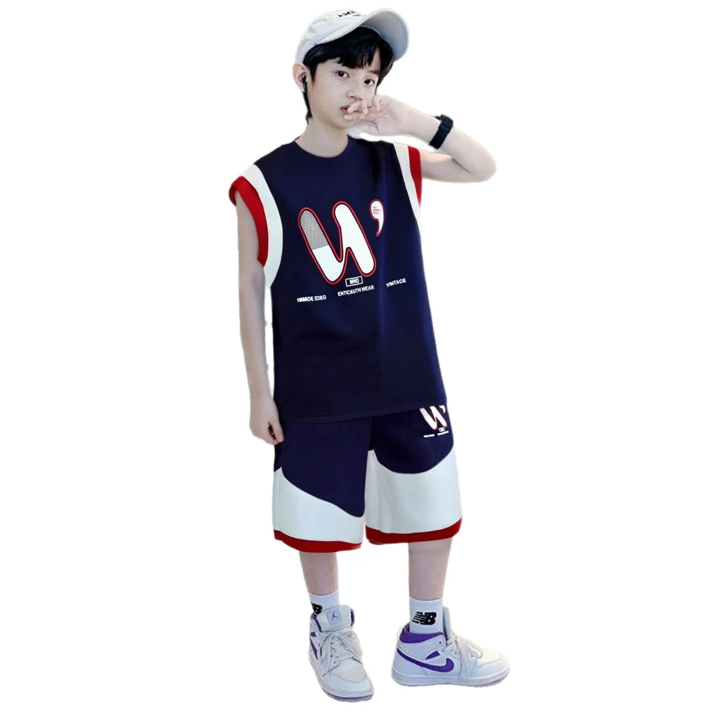 New Casual Breathable Children's Clothing Medium Large Kid Boy Girl Vest Shorts Set Kids Vest Basketball Jersey Quick-Dry Set