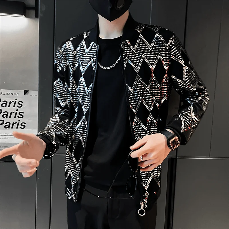 Y2K Mens Jacke Designer Clothes Fashion Cool Sequined Jackets Men Streetwear Night Club Stage Thin Bomber Jacket Techwear Homme