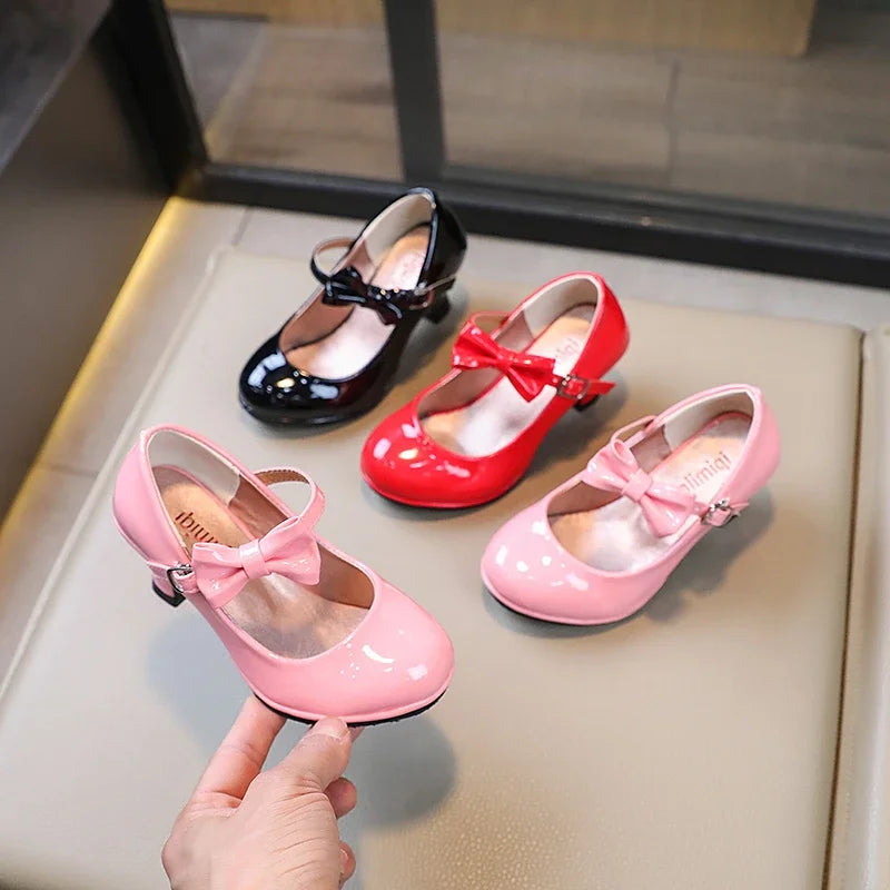 Fashion Girls High Heels Glossy Bowtie Kids Leather Shoe Spring Autumn Children Causal Princess Dress Shoes for Evening Party