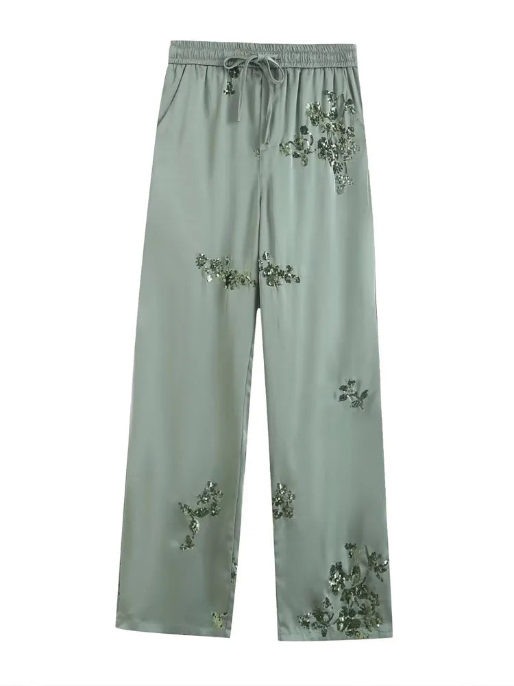 Luxury Women's Sequined satin shirt Long sleeve blouse And Elastic waist long pants 2025 Spring summer Suit Green INEKO 4T005