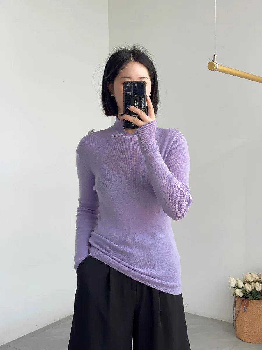 BirdTree, 100% Wool Slim Thin Sweater, Women Long Sleeve Mock Neck, Seamless Bottom High Elastic Top, 2025 Winter Fall T46985QM
