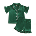 Toddler Girls Pajamas Sets Fashionable Ruffled Lapel V Neck Short Sleeve Tops with Solid Color Shorts 2Pcs Sleepwear