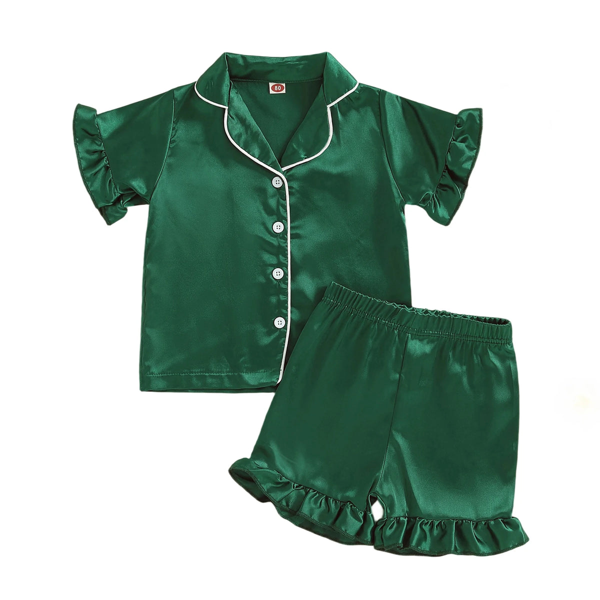 Toddler Girls Pajamas Sets Fashionable Ruffled Lapel V Neck Short Sleeve Tops with Solid Color Shorts 2Pcs Sleepwear