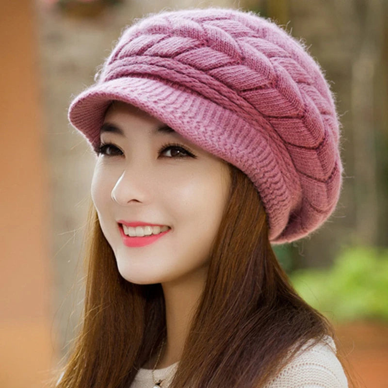 Women's Autumn/Winter Knitted Hat With Fleece Lining Stylish And Versatile Beret Outdoor Warm Hat