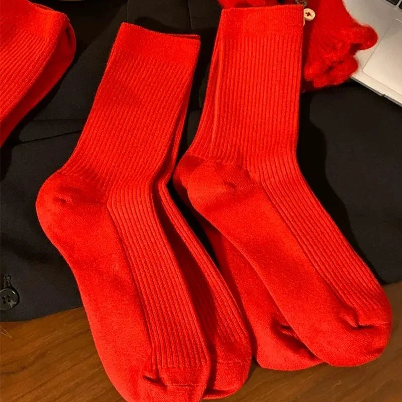Men Women Red New Year Cotton Socks Breathable Sports Comfortable Festival Zodiac Casual Lucky Red Floor Strip Mid-calf Socks