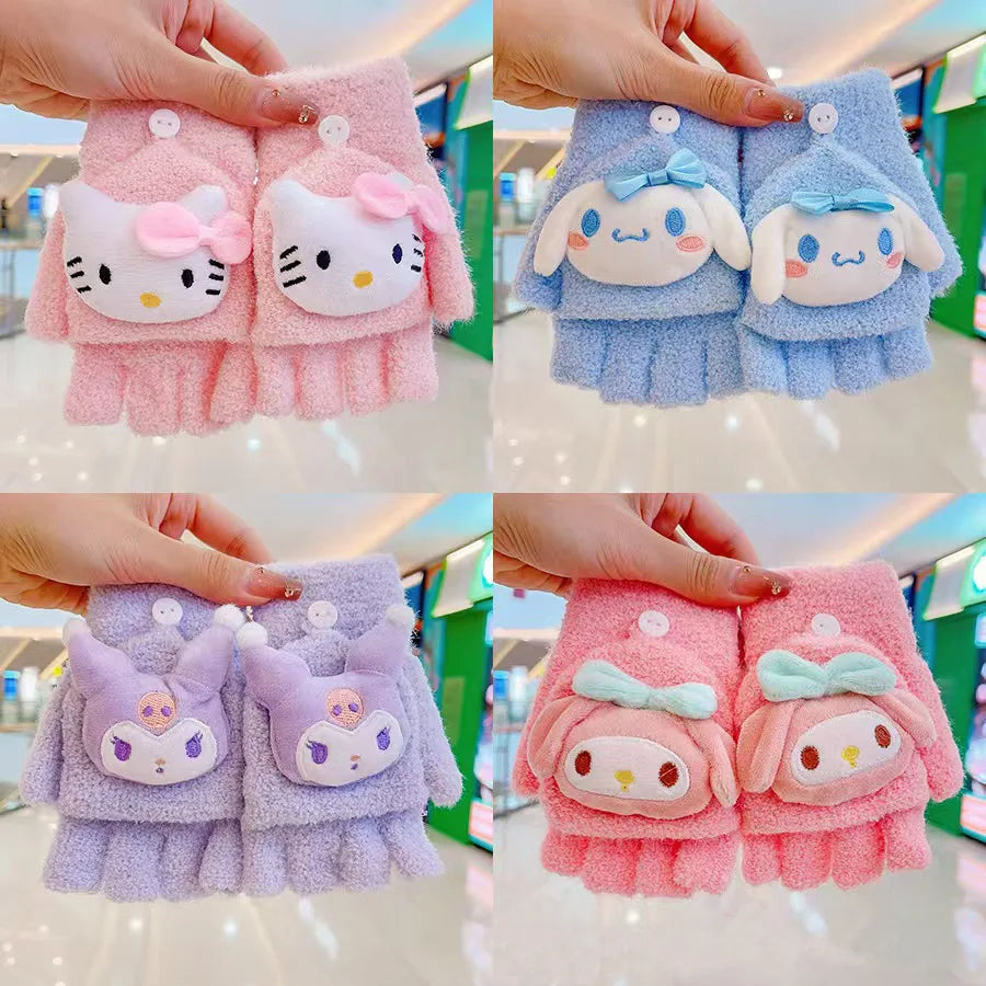 Children's Warm Gloves for Boys and Girls Cartoon Cute Half Finger Knitted Winter Flip Cover Baby Thick Cold Proof Five Fingers