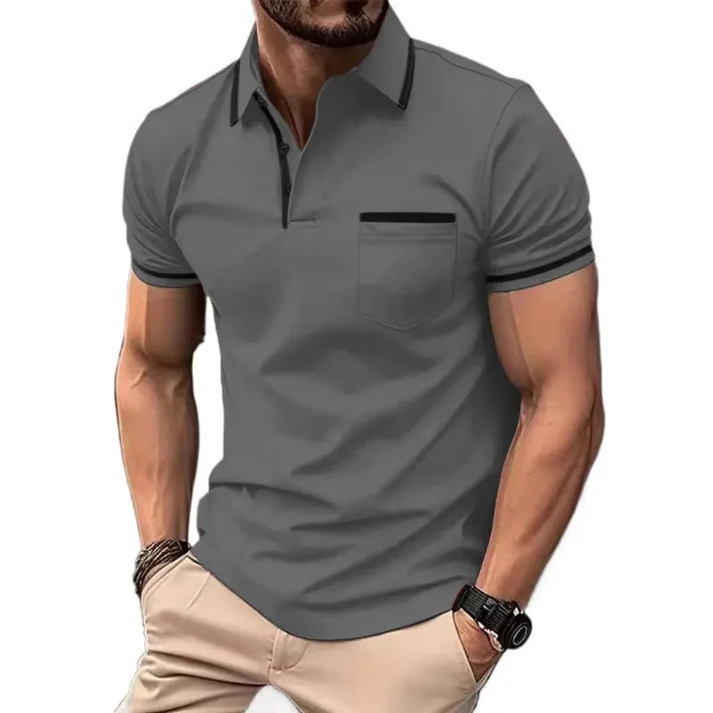 Mens Quarter Zip Polo Breathable Shirts Casual Classic Short Sleeve Contrast Collar Polo T Shirts Lightweight Pockets Streetwear