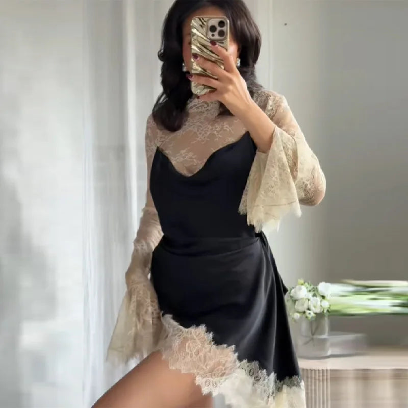 Elegant Fashionable Short Dress Lace Stitching Trendy Stylish Party Dresses Modest Dignified Sweet France Romantic Women Outfit