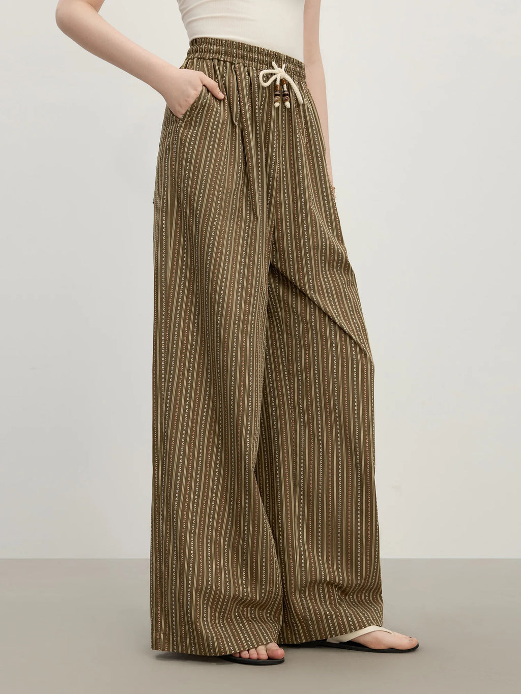 FSLE 2025 Summer Women's Relaxed-Fit Wide-Leg Trousers - Subtle Stripes & Airy Viscose Blend for Effortless Leisure